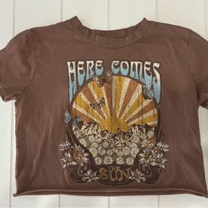 Altar'd State Brown and Yellow Crop Top with Retro Sunburst Design